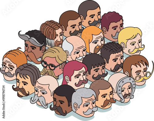 A diverse group of cartoon men with various mustache styles and facial hair, arranged in a clustered pattern.