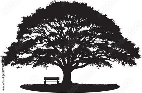 Minimalist silhouette of a tree with bench in a park