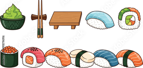 Cute sushi illustration set. Nigiri, maki rolls, wasabi bowl and chopsticks in cartoon style. Japanese food collection isolated on light gray background.