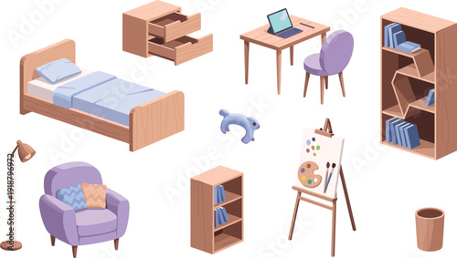 Kids bedroom furniture and study area interior vector set with bed desk armchair bookshelf and drawing easel for home design.