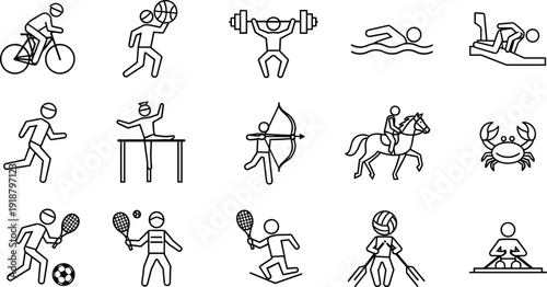 Sports activity line icon set featuring cycling, basketball, weightlifting, swimming, running, archery, horse riding, and tennis for competition and fitness 