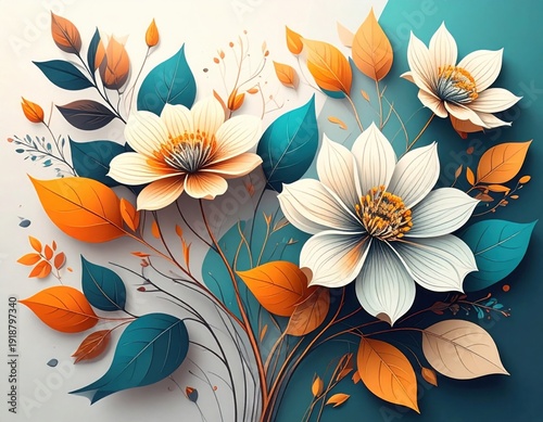 Vibrant floral illustration with orange blooms teal foliage artistic