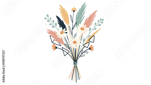 A beautifully illustrated bouquet of wildflowers and dried grasses, featuring a harmonious blend of muted pastel colors on a crisp white background.