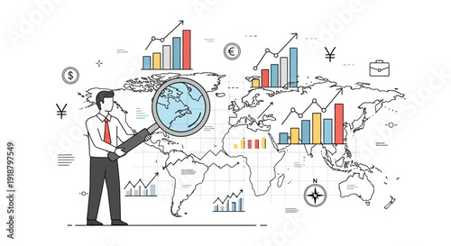 Businessman analyzing global market trends and financial data on a world map with charts and icons.