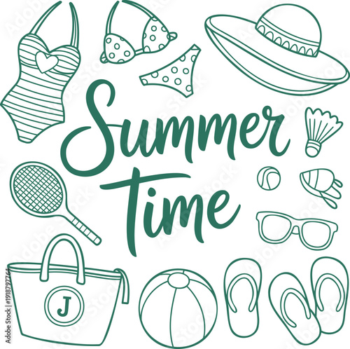 Green outline illustrations show various summer vacation essentials and Summer Time lettering