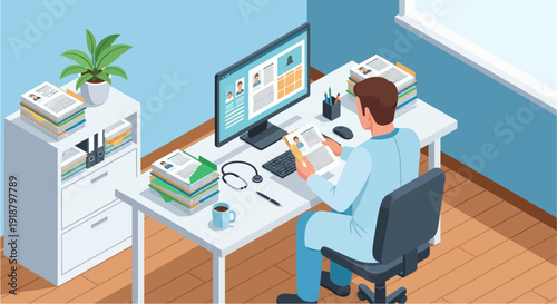 A doctor reviews patient records and medical data on a computer in an office setting.
