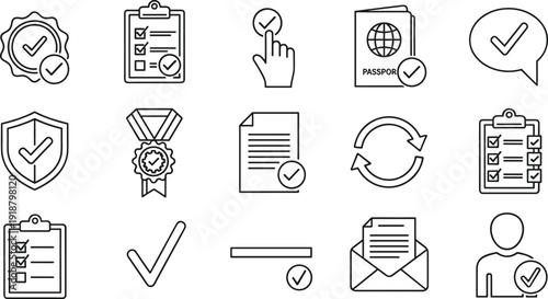 Verification and approval line icons set, check mark validation document security passport and compliance symbols collection vector