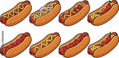 Cartoon hot dog illustration set. Eight mustard and ketchup topped hotdogs in diagonal layout. Simple flat food design isolated on white background with light gray border.