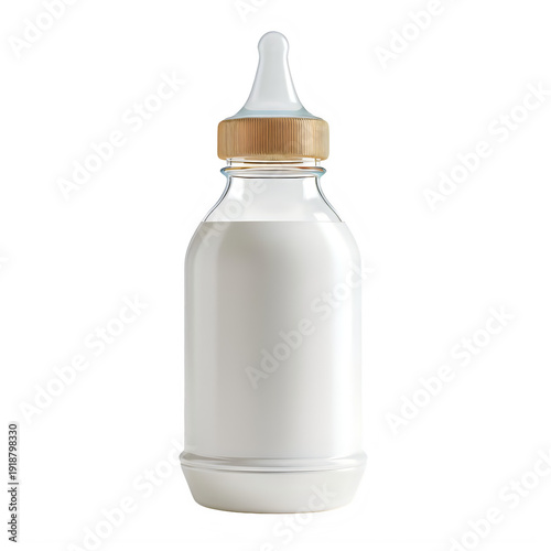 Empty glass baby bottle with wooden cap isolated on transparent background