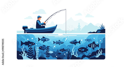 Fisherman in boat catches fish in underwater scene.
