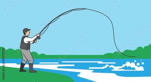 Man fishing with a rod near a body of water.