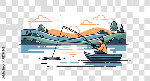 Person fishing from boat in scenic landscape with hills and water.