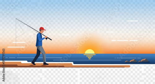 Man fishing by the ocean at sunset with a rod.