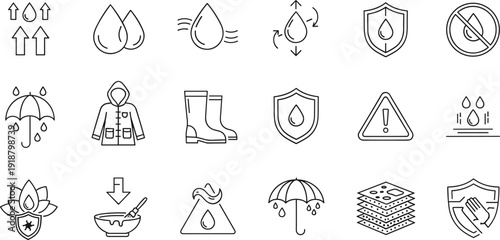 Waterproof protection line icons set, water resistant symbols collection including umbrella raincoat boots shield droplet and moisture barrier outline vector