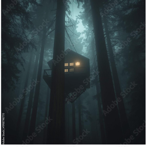 Mysterious Treehouse in Foggy Forest at Night Vector Graphic