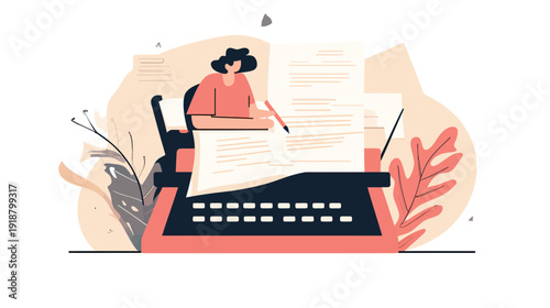 Creative writer working on large typewriter with oversized paper sheets surrounded by decorative plants in minimalist flat vector style