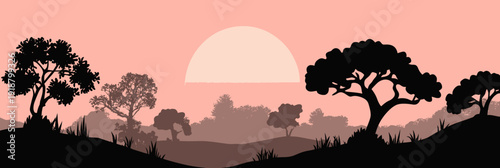 Silhouette of diverse trees on rolling hills at sunset with large sun and gradient pink sky in minimalist flat vector style landscape background