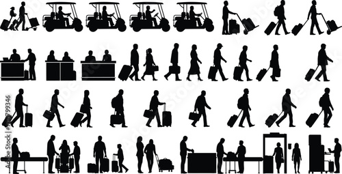 Silhouettes of airport activities, travelers with luggage, check‑in counters, security checks, carts, diverse passenger interactions, vector illustration design