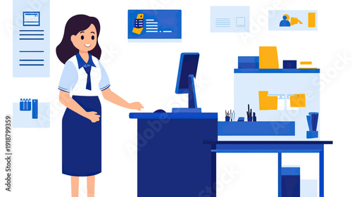 Female bank teller standing at counter with computer and organized desk in modern financial service office flat vector illustration