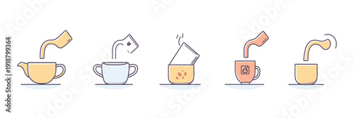 Step by step tea brewing process with cup pouring hot water tea bag steeping tea cup hot beverage preparation flat line vector illustration