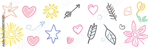 Hand drawn doodle set of colorful cute simple line icons including hearts stars flowers sun arrows and leaves sketch style vector illustration