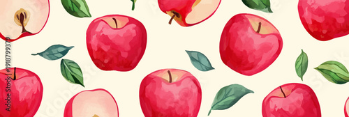 Seamless pattern red apples with half sliced apple and green leaves watercolor style flat minimalist vector food background design