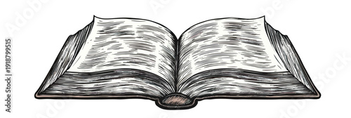 Open book vintage engraving vector illustration with detailed pages and flat minimalist hand drawn scratch board style black and white design