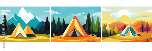 Minimalist flat vector illustrations of camping tents in mountain forest and autumn landscapes with sunrise and scenic outdoor nature backgrounds for travel adventure