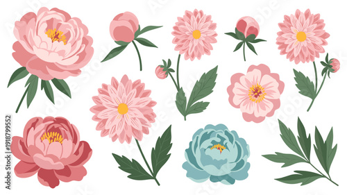 A beautiful collection of delicate pink and blue peonies, dahlia flowers, and buds with vibrant green leaves, perfect for elegant design projects.