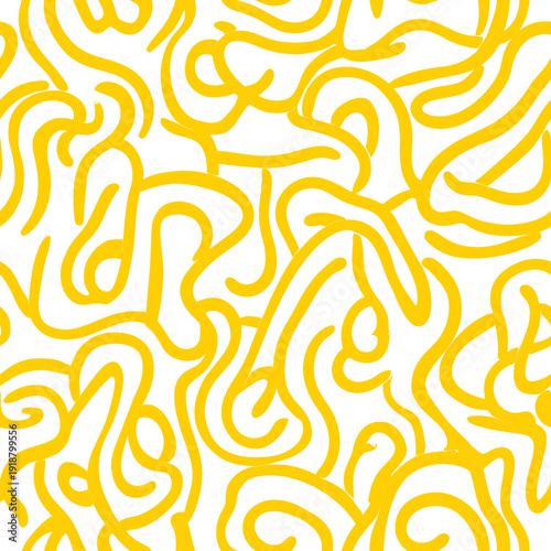 Seamless abstract yellow noodle pattern vector background with curved spaghetti shapes and minimalist food design for culinary themes and packaging