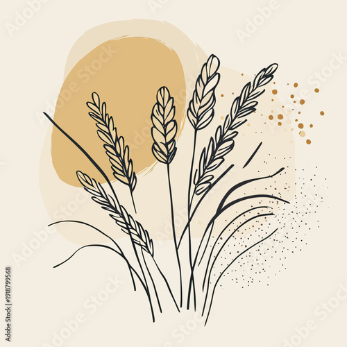 Minimalist hand drawn sketch of wheat and barley ears with decorative abstract shapes in beige and gold tones for natural grain concept illustration