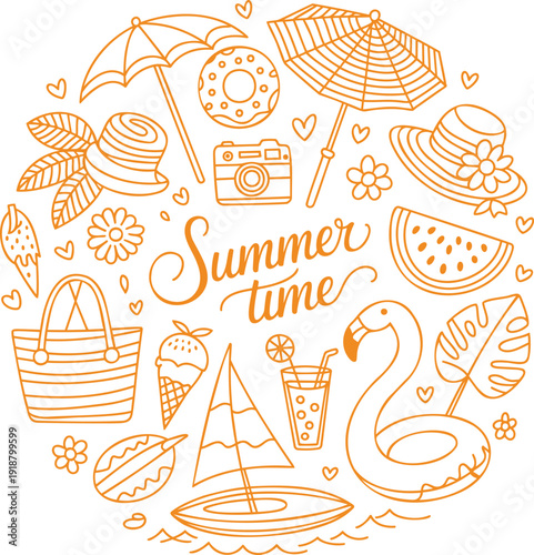 A circular collection of orange outline doodle icons depicting various fun summer time activities and objects