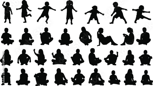 Silhouettes of children in playful poses, sitting cross legged, dancing, walking, diverse child figures illustration, educational design concept