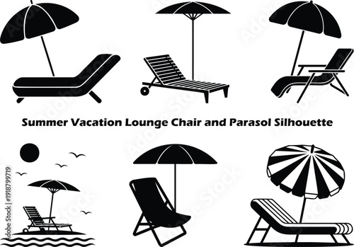A collection of black silhouette icons depicts various summer vacation lounge chairs and parasols