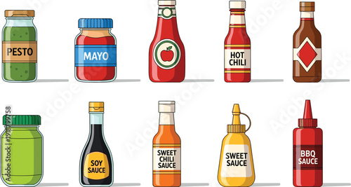 Condiment bottles collection illustration. Pesto, mayo, ketchup, soy and chili sauce containers in clean flat style. Modern kitchen packaging set isolated on white background.