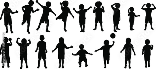 Silhouettes of children jumping, dancing, standing, playing ball, joyful kids in motion, diverse child figures illustration, energetic activity concept