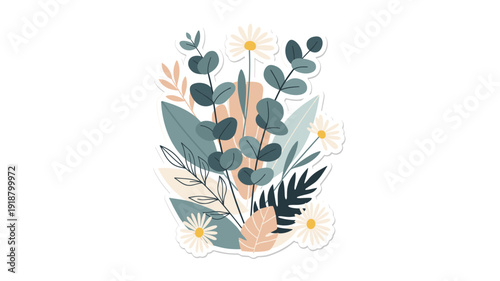 A charming, hand-drawn illustration featuring a delightful arrangement of various botanical elements, including eucalyptus leaves and delicate daisies, perfect for decorative purposes.