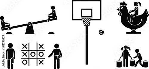 Silhouettes of children playing on playground, seesaw, basketball, rocker, sand games, recreation illustration, youth activity figures design concept
