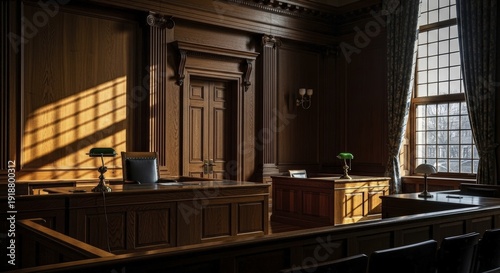 Classic empty courtroom interior featuring ornate dark wood paneling and large traditional desks bathed in warm sunlight from a grid window casting dramatic patterns