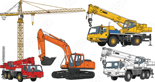 Construction machinery set with crane truck excavator and tower crane, heavy equipment vehicles vector illustration isolated collection