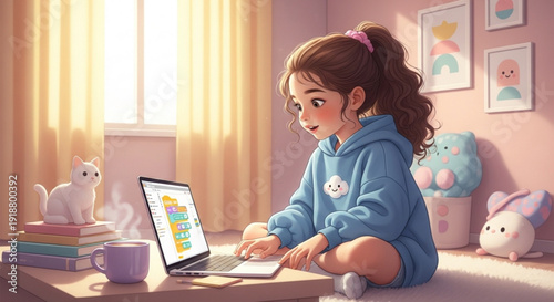 Young Girl Using Laptop in Cozy Bedroom with Soft Lighting, Cartoon Style