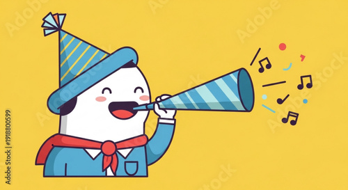 Cartoon Character Blowing Party Horn on Yellow Background