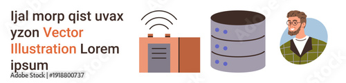 Technology, data storage, communication, wireless devices, user profiles, digital interaction. Visual of a wireless router, database icon and a person. Technology and data storage concept