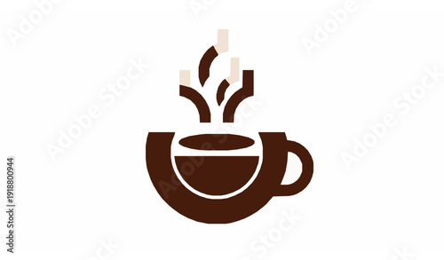 Geometric minimalist coffee cup logo with abstract steam flat vector design for modern brand identity