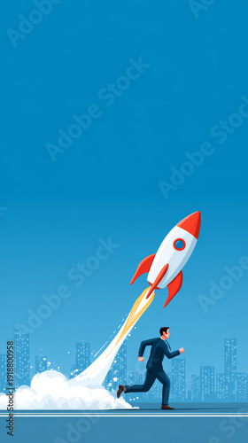 Businessman rocket startup ambition growth success speed city sky motivation Energetic businessman runs forward as rocket launches behind him