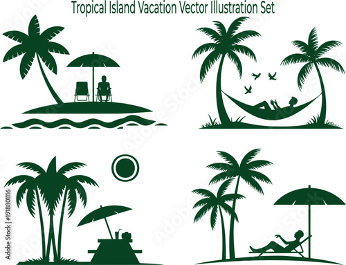 A set of dark green silhouette illustrations shows various tropical island vacation scenarios