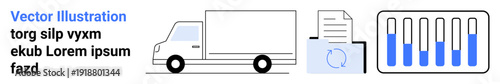 Delivery truck, document scan icon, blue bar graph representing data analysis. Ideal for logistics, transportation, delivery tracking, data digitization, business management, data visualization