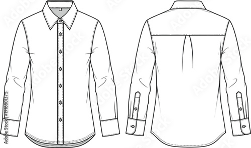 Men classic long sleeve button down shirt technical fashion flat sketch vector illustration front and back view apparel design template