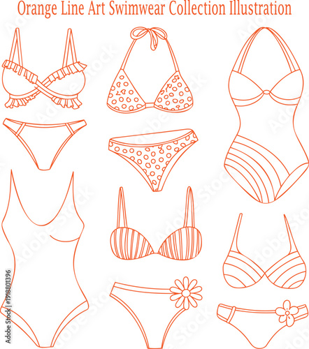 A variety of orange line art outlines illustrating different womens swimwear styles and bikinis