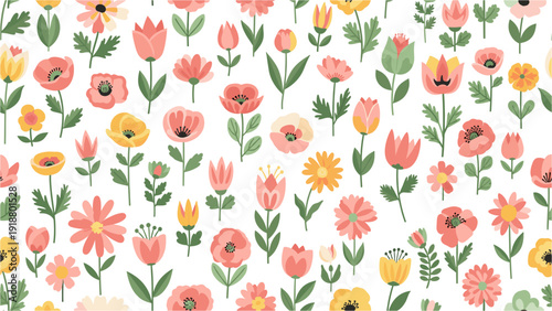 Vibrant and cheerful seamless pattern featuring a delightful array of hand-drawn flowers in soft pastel hues, perfect for spring and summer designs.